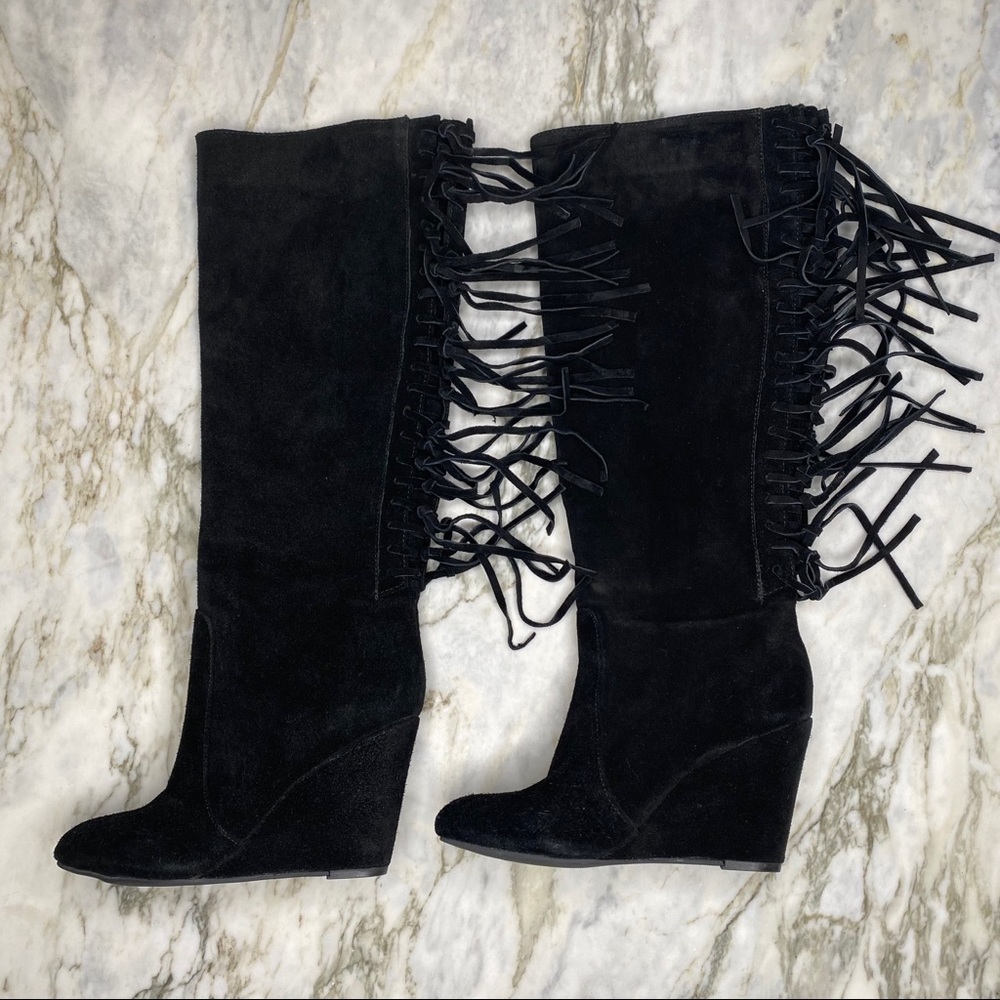 CARLOS FALCHI Retro Suede Fringe Wedge Boots